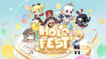 &gt;_&lt; 1boy 2others 3girls :d ;d absurdres ai-chan_(honkai_impact) animal_ears balloon bangboo_(zenless_zone_zero) black_dress black_eyes black_jacket black_necktie black_shorts black_socks blonde_hair blue_eyes brown_hair chibi chibi_only closed_mouth collared_shirt confetti davis_(tears_of_themis) double_bun dress elbow_gloves folder full_body genshin_impact gloves green_hair grey_vest hair_bun hair_ornament halo highres holding holding_folder holding_microphone honkai:_star_rail honkai_(series) honkai_impact_3rd jacket long_hair long_sleeves looking_at_viewer microphone mihoyo multiple_girls multiple_others n0va_desktop necktie official_art one_eye_closed open_mouth orange_gloves paimon_(genshin_impact) pantyhose partially_fingerless_gloves pom-pom_(honkai:_star_rail) protected_link romper second-party_source shirt short_hair shorts smile socks tears_of_themis vest white_dress white_hair white_pantyhose white_romper white_shirt yoyo_lumi zenless_zone_zero