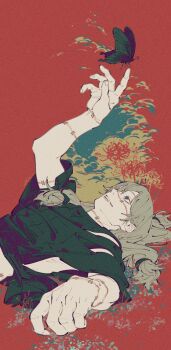 1boy absurdres arm_up black_butterfly black_shirt blue_eyes bug butterfly commentary film_grain flower grey_hair highres insect jujutsu_kaisen lying mahito_(jujutsu_kaisen) male_focus mim_(mimya0600) on_back outstretched_arm red_background shirt smile solo spider_lily stitched_arm stitched_face stitches teeth torn_clothes torn_shirt upper_body