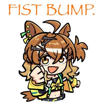 1girl ahoge animal_ear_piercing animal_ears black_shirt brown_eyes brown_hair chibi clenched_hands crop_top cropped_legs english_text eyelashes front-tie_top grey_pants hair_between_eyes hair_ornament hairclip happy highres horse_ears horse_girl incoming_fist_bump jacket jungle_pocket_(champion&#039;s_battle_cry)_(umamusume) jungle_pocket_(umamusume) long_hair long_sleeves looking_at_viewer midriff multicolored_hair multiple_piercings navel notched_ear one_side_up open_mouth pants pikminpreggedup shirt simple_background smile solo streaked_hair two-tone_shirt umamusume wavy_hair white_background yellow_jacket yellow_shirt