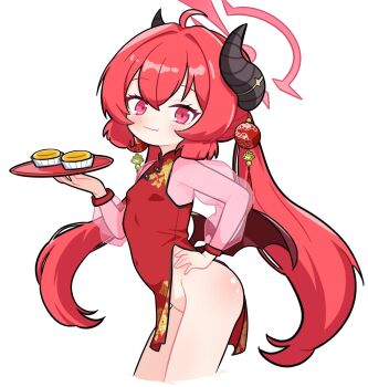 1girl ahoge alternate_costume ass black_horns blue_archive blush breasts china_dress chinese_clothes closed_mouth covered_navel cowboy_shot cropped_legs demon_girl demon_horns demon_wings dress fang fang_out food groin hair_between_eyes hair_ornament halo hand_on_own_hip holding holding_tray horns junko_(blue_archive) loli long_hair long_sleeves looking_at_viewer low_wings no_panties pink_eyes red_dress red_eyes red_hair red_halo red_wings scarfy_(scarfy_chang) see-through_clothes see-through_sleeves simple_background skin_fang sleeveless small_breasts smile solo tray twintails white_background wings