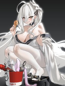 1girl absurdres ahoge azur_lane bare_shoulders breasts chicken_(food) chicken_leg cleavage commentary_request earrings food full_body grin hair_between_eyes hakuhou_(azur_lane) highres holding holding_food japanese_clothes jewelry kimono large_breasts long_hair long_sleeves looking_at_viewer mask mask_on_head off_shoulder pantyhose porcelainsphere sex_toy smile solo white_hair white_kimono white_pantyhose wide_sleeves yellow_eyes