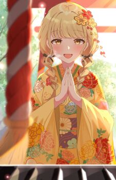 1girl absurdres black_ribbon blonde_hair blush box braid breath donation_box fang floral_print floral_print_kimono flower fujita_kotone gakuen_idolmaster hair_flower hair_ornament hair_ribbon hatsumoude highres idolmaster iroha_822 japanese_clothes kimono kouhaku_nawa long_hair long_sleeves looking_at_viewer low_twin_braids low_twintails new_year obi obijime open_mouth outdoors own_hands_clasped own_hands_together praying print_kimono ribbon rope sash shimenawa shrine skin_fang solo sunlight torii tree twin_braids twintails wide_sleeves yellow_eyes yellow_kimono