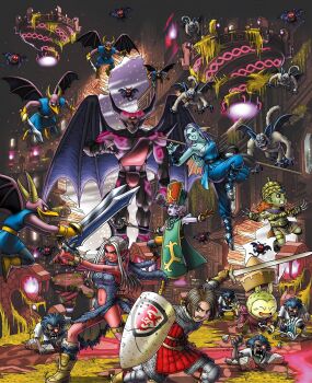 Rule 34 | armor, artist request, asymmetrical dual wielding, bat wings, blue dougi, boots, bra, breasts, brown eyes, brown hair, chainmail, claw (weapon), clenched teeth, clothing cutout, colored skin, creature request, curly hair, demon boy, dougi, dracky, dragon quest, dragon quest x, dual wielding, dwarf (dq10), elf (dq10), fairy wings, fighting, fins, fish girl, glowing, glowing eyes, gold bra, green fur, green skin, green tabard, hat, head fins, hero (dq10), heroine (dq10), highres, holding, holding shield, holding staff, holding sword, holding wand, holding weapon, horns, large breasts, long hair, midriff, mitre, monster, monster girl, multiple boys, multiple girls, muscular, muscular male, navel, official art, ogre (dq10), open mouth, orange hair, pelt, pink hair, pointy ears, puklipo, purple eyes, purple hair, purple skin, red skin, red tunic, shield, shoulder spikes, silvapithecus, smile, spikes, staff, stomach cutout, sweatdrop, sword, tabard, tail, teeth, third-party source, tunic, underwear, walking corpse (dragon quest), wand, weapon, weddie (dq10), white hair, wings, yellow skin, zombie