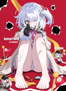 Rule 34 | 1girl, 3girls, absurdres, aer7o, aiming, aiming at viewer, astral party, bandaid, bandaid on leg, barefoot, black gloves, black shoes, brown jacket, bullet, bullet hole, center frills, chibi, commentary request, copyright name, dress, frills, glint, gloves, grey hair, gun, handgun, highres, holding, holding gun, holding weapon, id card, jacket, long sleeves, magnifying glass, mini person, minigirl, multiple girls, multiple views, necktie, newspaper, one side up, panties, pennant, pink necktie, red background, red eyes, roman numeral, shoe soles, shoes, underwear, weapon, white dress, white panties