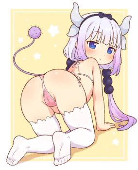1girl all_fours ass bare_arms bare_shoulders bikini blue_eyes blush cameltoe closed_mouth dragon_horns from_behind gradient_hair grey_hair hair_ornament horns kanna_kamui kobayashi-san_chi_no_maidragon loli long_hair micro_bikini multicolored_hair no_shoes onyhakase pink_bikini purple_hair soles solo sphere_hair_ornament star_(symbol) swimsuit tail thighhighs very_long_hair white_thighhighs yellow_background
