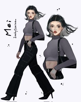 1girl artist_name asian bag black_bag black_boots black_eyes black_hair black_nails black_pants boots brown_lips character_name closed_mouth colored_inner_hair cropped_shirt cropped_torso ear_piercing earrings eyelashes fashion flipped_hair floating_hair forehead from_side full_body grey_hair grey_shirt hand_in_pocket handbag high_heel_boots high_heels highres jewelry long_hair looking_ahead medium_hair mei_(zeebythesea) modeling mole mole_on_cheek mole_on_forehead multicolored_hair multiple_moles multiple_views original pants piercing shirt shoulder_bag streetwear stud_earrings thick_eyebrows thick_lips tight_clothes tight_shirt turtleneck two-tone_background two-tone_hair walking white_background zeebythesea