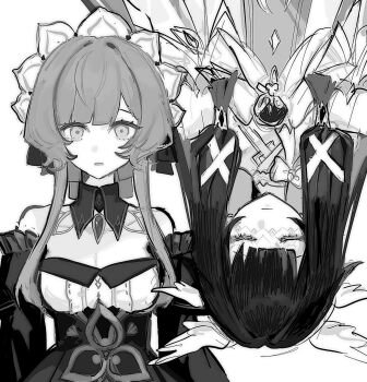 2girls absurdres bare_shoulders blunt_bangs breasts closed_eyes closed_mouth columbina_(genshin_impact) detached_collar detached_sleeves dress eye_mask feathered_wings frills genshin_impact greyscale hair_ornament hair_tubes head_wings headdress highres jewelry lapels long_sleeves looking_at_viewer lurker_mlt mask medium_breasts monochrome multiple_girls multiple_wings off-shoulder_dress off_shoulder pendant sandrone_(genshin_impact) short_hair_with_long_locks sidelocks sleeveless sleeveless_dress strapless strapless_dress teeth two-tone_dress upper_body upside-down wide_sleeves wing_collar wings x_hair_ornament