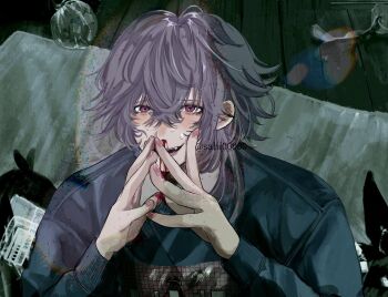 1boy blood blood_on_hands blue_shirt commentary_request crazy hair_between_eyes highres looking_ahead male_focus medium_hair messy_room nosebleed open_mouth original own_hands_together purple_eyes purple_hair sahi00000 shirt smile solo sweat trash_bag upper_body