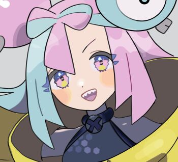 1girl :d blush bow-shaped_hair character_hair_ornament criss-cross_halter eneko_(olavcnkrpucl16a) grey_shirt hair_ornament halterneck happy highres iono_(pokemon) jacket nintendo open_mouth pink_eyes pink_hair pokemon pokemon_sv shirt simple_background sleeveless sleeveless_shirt smile solo teeth tongue upper_body upper_teeth_only wavy_eyes white_background yellow_jacket