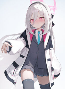 >:( 1girl absurdres black_hairband black_skirt black_thighhighs black_vest blue_archive blue_necktie blunt_bangs blush bow bright_pupils closed_mouth collared_shirt commentary_request cowboy_shot double-parted_bangs eyelashes floating_hair frown hair_between_eyes hair_bow hairband half_updo halo highres jacket kei_(blue_archive) kei_(new_body)_(blue_archive) lizard0221 long_hair long_hair_between_eyes long_sleeves looking_at_viewer miniskirt necktie nose_blush open_clothes open_jacket pink_halo pleated_skirt puffy_long_sleeves puffy_sleeves rectangular_halo red_eyes school_uniform shirt sidelocks simple_background skirt sleeves_past_wrists solo thighhighs tsurime v-shaped_eyebrows very_long_hair vest white_background white_hair white_jacket white_pupils white_shirt zettai_ryouiki