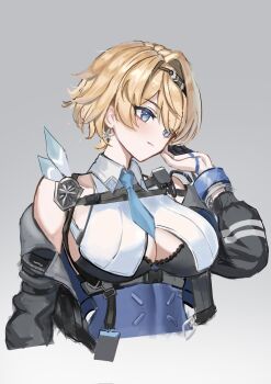 1girl bare_shoulders between_breasts black_bra black_coat black_gloves blonde_hair blue_eyes blue_necktie blush bra breasts closed_mouth coat dimos_(dawn_1945) earrings girls&#039;_frontline girls&#039;_frontline_2:_exilium gloves grey_background hair_intakes hairband hashtag-only_commentary highres jewelry large_breasts looking_to_the_side mole mole_under_eye necktie necktie_between_breasts nikketa_(girls&#039;_frontline_2) partially_fingerless_gloves short_hair simple_background snowflake_earrings solo underwear upper_body vsk-94_(girls&#039;_frontline) walkie-talkie