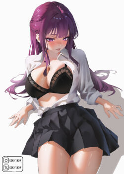 Rule 34 | 1girl, absurdres, black bra, black skirt, blunt bangs, bra, breasts, bright pupils, cleavage, collared shirt, commentary, english commentary, fern (sousou no frieren), highres, instagram username, izei1337, large breasts, long hair, open clothes, open shirt, parted lips, pleated skirt, purple eyes, purple hair, shirt, simple background, skirt, solo, sousou no frieren, thighs, twitter username, underwear, white background, white shirt