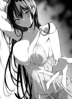 1girl babydoll bare_shoulders blush breasts chemise cleavage collarbone dress greyscale haite_kudasai_takamine-san hiiragi_yuuichi large_breasts long_hair looking_at_viewer lying monochrome nightgown no_bra on_side outstretched_arm panties see-through_chemise see-through_clothes see-through_dress smile solo takamine_takane underwear