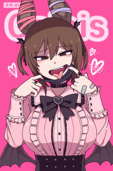 1girl animal_ears artist_name bandaid bandaid_on_hand bat_ears bat_girl bat_wings black_bow black_bowtie black_collar bow bowtie breasts brown_eyes brown_hair collar commentary_request ear_ribbon fang galois hair_ornament heart highres huge_breasts jewelry jirai_kei korean_commentary low_wings mask mask_pull mouth_mask mouth_pull open_mouth original pink_background pink_shirt ring shirt smile solo tongue tongue_out two_side_up upper_body variant_set wing_hair_ornament wings