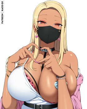 1girl absurdres bangle bead_bracelet beads belt black_belt black_choker black_mask blonde_hair bra bracelet breasts camisole choker covered_mouth dark-skinned_female dark_skin earrings four-finger_heart_hands gyaru heart heart_earrings heart_hands heart_pasties highres jewelry kaos_art large_breasts long_hair looking_at_viewer mask mouth_mask multiple_bracelets nail_polish one_breast_out orange_eyes original pasties patreon_username pink_bra pink_nails simple_background solo underwear upper_body very_long_fingernails white_background white_camisole