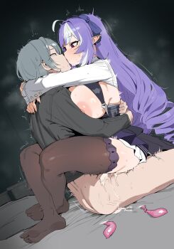 1boy 1girl absurdres arms_around_neck black_nails black_thighhighs breast_press breasts condom cum cum_overflow drill_hair eye_contact green_eyes grey_hair hetero highres kiss large_breasts leg_lock long_hair looking_at_another multicolored_hair nipples plentyofempty pointy_ears purple_hair red_eyes sex short_hair sideboob straddling streaked_hair thighhighs upright_straddle used_condom vivian_banshee wise_(zenless_zone_zero) zenless_zone_zero