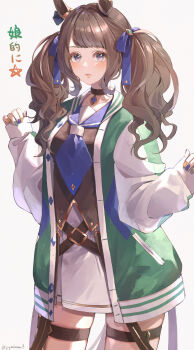 Rule 34 | 1girl, absurdres, animal ears, arm up, blue eyes, blue neckerchief, blush, breasts, brown hair, brown shirt, character name, cowboy shot, ear ornament, green jacket, heart, highres, horse ears, horse girl, horse tail, jacket, legwear garter, long hair, long sleeves, looking at viewer, multicolored nails, neckerchief, open clothes, open jacket, pendant choker, sailor collar, shirt, shoes, skirt, small breasts, solo, tail, thigh strap, tosen jordan (umamusume), twintails, umamusume, white skirt, yogukasu