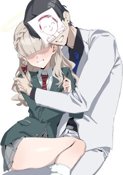 Rule 34 | 1boy, 1girl, banssee, black hair, blazer, blue archive, blue necktie, brown hair, business suit, collared shirt, doodle sensei (blue archive), formal clothes, green jacket, grey skirt, grin, hair over eyes, halo, hand on another's shoulder, hetero, highres, jacket, long hair, long sleeves, necktie, paper on head, red necktie, sensei (blue archive), shirt, simple background, sitting, sitting on lap, sitting on person, skirt, smile, suit, white background, wildhunt art academy student (smg) (blue archive), yellow halo