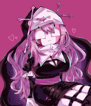 Rule 34 | 1girl, bad id, bad pixiv id, black dress, black thighhighs, cross, dress, friday night funkin', garter straps, heart, juliet sleeves, long hair, long sleeves, looking ahead, nun, pink background, pink hair, puffy sleeves, sarvente (friday night funkin'), shina (pixiv80065236), sitting, smile, solid eyes, solo, thighhighs, very long hair, white eyes
