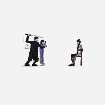 1girl 2boys absurdres aiming animal apple_on_head arm_up biyoo_(omniscient_reader&#039;s_viewpoint) black_coat black_hair black_shirt bound bound_ankles bound_torso camera chair coat from_side full_body han_sooyoung highres holding holding_camera holding_sword holding_weapon hood hood_down hoodie imminent_throw kim_dokja lp_(sangkuranak) multiple_boys omniscient_reader&#039;s_viewpoint open_clothes open_coat open_mouth purple_hoodie rope shirt short_hair standing sword taking_picture tied_up_(nonsexual) weapon white_coat yoo_joonghyuk