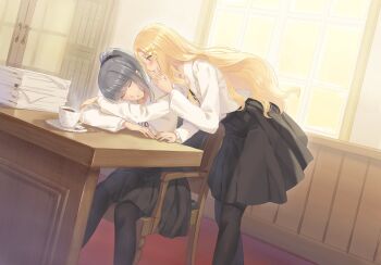 2girls absurdres arms_on_table black_pantyhose black_scrunchie black_skirt blonde_hair chair closed_eyes commentary_request cup flower flowers_(innocent_grey) from_side grey_hair hair_flower hair_ornament hair_scrunchie head_on_arm highres indoors jacket kafkasea komikado_nerine multiple_girls pantyhose paper_stack parted_lips pleated_skirt ponytail profile saucer school_uniform scrunchie sitting skirt sleeping spoon standing teacup wavy_hair whispering_in_ear white_jacket window yatsushiro_yuzuriha yuri