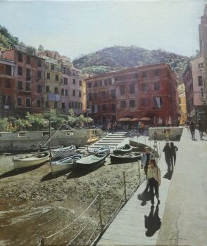 absurdres apartment boat building highres hill marine_day mast mountain naohiro_ito oil_painting_(medium) original painting_(medium) people real_world_location rowboat sail scenery shore stairs town traditional_media tree watercraft