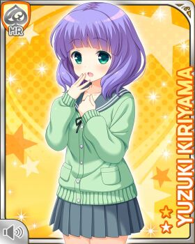 1girl :o alternate_costume black_bow blunt_bangs bow button card_(medium) cardigan character_name girlfriend_(kari) green_cardigan green_eyes grey_skirt kiriyama_yuzuki looking_at_viewer official_art open_mouth pleated_skirt purple_hair qp:flapper sailor_uniform school_uniform shirt skirt solo tagme white_shirt yellow_background