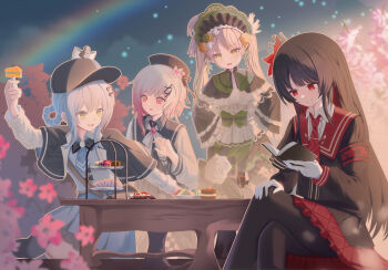 4girls absurdres beret black_capelet black_hair black_hat black_pantyhose blonde_hair blue_hair bonnet book braid braided_hair_rings capelet chinese_commentary closed_mouth commentary_request crossed_legs deerstalker ema70hiro flower gradient_hair green_eyes grey_hair hair_flower hair_ornament hair_rings hat highres holding holding_book light_particles lolita_fashion long_hair long_sleeves looking_at_another mahou_shoujo_no_majo_saiban multicolored_hair multiple_girls necktie nikaido_hiro open_book open_mouth outdoors pantyhose pink_eyes pink_flower pink_hair rainbow reading red_eyes red_flower red_necktie sakuraba_ema short_hair sitting smile table tachibana_sherry tiered_tray tono_hanna translation_request twintails white_flower x_hair_ornament yellow_eyes