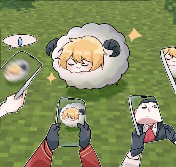 :3 black_gloves black_hair black_vest blonde_hair blurry cellphone coat collared_shirt commentary dante_(limbus_company) don_quixote_(project_moon) gauntlets gloves gre_gre3 green_eyes gregor_(project_moon) heishou_pack-wei_branch_(identity)_(project_moon) highres holding holding_phone horns limbus_company meursault_(project_moon) minecraft necktie phone project_moon red_coat sheep sheep_horns shirt smartphone sparkle speech_bubble symbol-only_commentary vest white_shirt