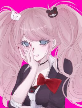 1girl bear_hair_ornament black_shirt blonde_hair blue_eyes bow breasts choker cleavage collarbone commentary_request danganronpa:_trigger_happy_havoc danganronpa_(series) enoshima_junko grey_eyes hair_ornament highres large_breasts long_hair looking_at_viewer nail_polish necktie pink_background red_bow red_nails shirt shirt_bow smile solo teeth twintails white_necktie xiang_gong