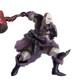 1boy armor armored_boots bald beard black_armor boots earrings facial_hair fire_emblem fire_emblem_fates fire_emblem_heroes hans_(fire_emblem) highres holding holding_polearm holding_weapon jewelry looking_at_viewer male_focus nintendo official_art pale_skin pectorals pelt polearm smile soeda_ippei solo third-party_source weapon