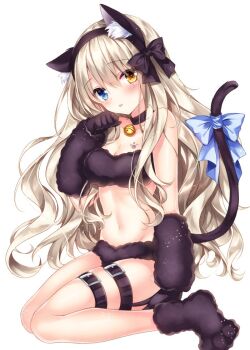Rule 34 | 1girl, animal ear fluff, animal ears, bare legs, bare shoulders, bell, black bow, black choker, black gloves, blue bow, blue eyes, bow, breasts, brown hair, cat ears, cat girl, cat tail, choker, cleavage, collarbone, commentary request, female focus, gloves, groin, hair bow, hairband, hand up, heterochromia, jingle bell, leg belt, lingerie, long hair, looking at viewer, luca (nogi takayoshi), medium breasts, navel, nogi takayoshi, orange eyes, original, paw shoes, shoes, simple background, solo, tail, tail bow, tail ornament, tongue, tongue out, underwear, very long hair, wavy hair, white background