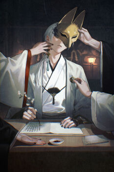 Rule 34 | 1boy, bai rui, black sclera, colored sclera, crest, earrings, fox mask, fox mask (silent hill), highres, japanese clothes, jewelry, kimono, low ponytail, male focus, mask, ponytail, removing mask, robe, silent hill (series), silent hill f, tassel, tassel earrings, white hair, white kimono, white robe