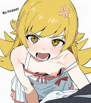 1boy 1girl ai-assisted anger_vein bare_shoulders blonde_hair blush breasts downblouse dress fang loli long_hair looking_at_viewer lower_teeth_only monogatari_(series) nipple_slip nipples one_breast_out open_mouth oshino_shinobu pointy_ears pov puffy_nipples simple_background sleeveless sleeveless_dress small_breasts solo_focus strap_slip teeth white_background white_dress yellow_eyes
