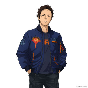 1boy bomber_jacket brown_eyes brown_hair copyright_notice cowboy_shot gundam gundam_hathaway&#039;s_flash hands_in_pockets hathaway_noa highres jacket long_sleeves looking_at_viewer male_focus official_art promotional_art shirt short_hair simple_background solo white_background