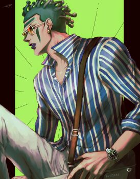Rule 34 | 1boy, absurdres, alternate costume, casual, cioccolata, earrings, facepaint, facial mark, green hair, highres, jewelry, jojo no kimyou na bouken, lipstick, makeup, pocketbook, purple lips, sano (hospital 0434), shirt, solo, striped clothes, striped shirt, sunglasses, vertical-striped clothes, vertical-striped shirt, watch, wristwatch