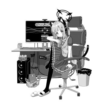 1girl absurdres animal_ear_headphones animal_ears animal_print bag blue_archive blush cat_ear_headphones cat_ears chair chinese_commentary collared_shirt commentary_request computer computer_keyboard cup drinking_straw drinking_straw_in_mouth dsfr fake_animal_ears fake_tail flip-flops full_body game_development_department_(blue_archive) gaming_chair greyscale halo headphones highres holding leg_up looking_at_viewer low-tied_sidelocks momoi_(blue_archive) monitor monochrome pantyhose paper_bag paw_print plastic_bag pleated_skirt sandals shirt short_hair short_sleeves sidelocks sitting skirt smartwatch soda solo sweater_vest swivel_chair tail tissue_box trash_can watch webcam white_background wristwatch