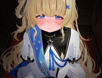 1boy 1girl after_fellatio blonde_hair blue_sash blush breasts closed_mouth commentary_request confessional cum cum_in_mouth cum_on_body facial fingernails hairband highres indoors large_variant_set long_hair long_sleeves looking_at_viewer mako_(makoda) male_rover_(wuthering_waves) medium_breasts no_headwear nose_blush paid_reward_available partial_commentary phoebe_(wuthering_waves) pov purple_eyes rover_(wuthering_waves) sash shirt skirt solo_focus tears variant_set very_long_hair white_hairband white_shirt white_skirt wuthering_waves