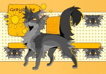 animal animal_focus cat character_name chinese_commentary commentary_request dated fang from_side full_body graystripe grey_cat grin highres letterboxed looking_at_viewer multiple_views no_humans one_eye_closed signature smile solo_focus standing tslena warrior_cats yellow_eyes