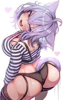 Rule 34 | 1girl, ahoge, animal ear fluff, animal ears, ass, black panties, black thighhighs, blush, breasts, bulge, cat ears, cat girl, cat tail, cleavage, commentary request, garter straps, head tilt, heart, highres, hololive, hololive grand theft auto, kajimakoto, large breasts, long sleeves, looking at viewer, looking back, nekomata okayu, no pants, open mouth, panties, purple eyes, purple hair, shiny skin, shirt, simple background, smile, solo, striped clothes, striped shirt, tail, thighhighs, underwear, virtual youtuber, white background