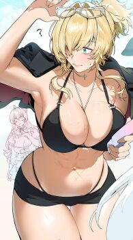 3girls ? adjusting_eyewear bikini black_bikini blonde_hair blue_eyes breasts cinderella_(nikke) dorothy_(nikke) eyewear_on_head goddess_of_victory:_nikke grave_(nikke) highres large_breasts multiple_girls multiple_scars navel out_of_frame scar scar_on_stomach shishamo_712 swimsuit