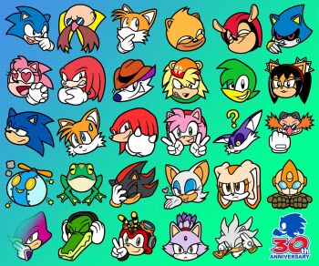 Rule 34 | 6+boys, 6+girls, ?, amy rose, animal ears, animal nose, anniversary, bark the polar bear, bat girl, bean the dynamite, big the cat, bird, black fur, black hair, blaze the cat, blue eyes, blue fur, body fur, brown eyes, brown fur, buck teeth, cat ears, cat girl, charmy bee, cigar, cigarette, classic eggman, closed eyes, closed mouth, cowboy hat, cream the rabbit, crocodilian, crossed arms, detective, double v, dr. eggman, emerl (sonic), emoji, espio the chameleon, eyelashes, eyeshadow, facial hair, fang the sniper, forehead jewel, fox boy, frog, froggy (sonic), furry, furry female, furry male, glasses, gloves, goggles, goggles on head, green background, green eyes, grin, hairband, hand on own chin, hat, headphones, heart, heart-shaped eyes, heart-shaped pupils, hedgehog, highres, holding, honey the cat, jpsupper, knuckles the echidna, looking at viewer, makeup, metal sonic, mighty the armadillo, multiple boys, multiple girls, mustache, non-web source, omochao, one eye closed, open mouth, orange fur, own hands together, pink fur, pink hair, ponytail, purple fur, rabbit girl, ray the flying squirrel, red eyes, red fur, red hair, red hairband, robot, rouge the bat, shadow the hedgehog, silver the hedgehog, simple background, smile, smoking, smoking pipe, sonic (series), sonic the hedgehog, stroking own chin, sunglasses, symbol-shaped pupils, tails (sonic), teeth, thinking, topknot, twintails, v, vector the crocodile, white fur, white gloves, wrench, yellow eyes, yellow fur