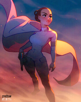 1girl artist_name bodysuit breasts brown_eyes brown_hair cape gun handgun highres holding holding_gun holding_weapon looking_to_the_side medium_breasts padme_amidala solo star_wars star_wars:_attack_of_the_clones sykosan weapon white_bodysuit white_cape