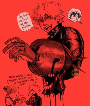 bakugou_katsuki bleeding blood boku_no_hero_academia bomb bomb_devil_(chainsaw_man) chainsaw_man decapitation english_text explosive fist_bump gobieball highres hole_in_head midoriya_izuku monochrome red_background reze_(chainsaw_man) sketch speech_bubble spiked_hair