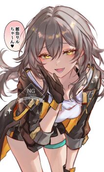 1girl absurdres black_gloves black_jacket black_skirt breasts collarbone commentary_request cowboy_shot floating_hair gloves grey_hair hair_between_eyes hand_up highres honkai:_star_rail honkai_(series) jacket long_hair long_sleeves looking_at_viewer medium_breasts miniskirt open_clothes open_jacket open_mouth shirt sidelocks simple_background skirt smile solo sparkle speech_bubble standing stelle_(honkai:_star_rail) sw_chestnut t-shirt teeth thigh_strap tongue trailblazer_(honkai:_star_rail) translation_request two-sided_fabric two-sided_jacket watermark white_background white_shirt yellow_eyes yellow_jacket