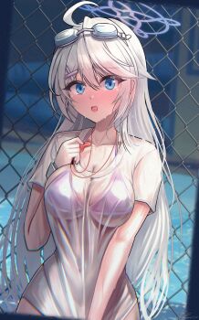 1girl ahoge bikini bikini_visible_through_clothes blue_archive blue_halo breasts commentary_request goggles goggles_on_head hair_down halo highres holding holding_whistle kirino_(blue_archive) kirino_(swimsuit)_(blue_archive) korean_commentary large_breasts long_hair official_alternate_costume open_mouth purple_bikini purple_halo see-through_clothes see-through_shirt shirt solharuu solo swim_goggles swimsuit very_long_hair wet wet_clothes wet_shirt whistle whistle_around_neck white_shirt