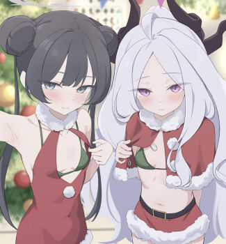 2girls absurdres ahoge black_hair blue_archive bra breasts christmas christmas_tree commentary demon_girl demon_horns double_bun grey_halo hair_bun halo highres hina_(blue_archive) horns indoors kisaki_(blue_archive) long_hair looking_at_viewer multiple_girls navel ponono_desu purple_eyes santa_costume small_breasts twintails underwear upper_body very_long_hair white_hair