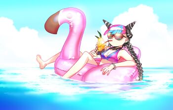 1boy aqua_hair barefoot bikini black_hair blue_hair blue_sky bracelet braid breasts cleavage cloud cup danganronpa_(series) danganronpa_2:_goodbye_despair danganronpa_s:_ultimate_summer_camp day drink drinking drinking_glass drinking_straw ear_piercing earrings hair_horns highres holding holding_cup holding_drink jewelry mioda_ibuki multicolored_hair nk_ndr_bu outdoors piercing pink_hair pool_float scrunchie sky solo sunglasses swimsuit twin_braids twintails water white_hair wrist_scrunchie