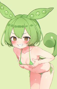 absurdres bare_arms bare_shoulders bikini blush breasts brown_eyes chromatic_aberration cowboy_shot dot_nose grabbing_own_breast green_background green_bikini green_hair grin hands_on_own_chest hands_up highres komodj leaning_forward loli looking_at_viewer micro_bikini naughty_face short_hair side-tie_bikini_bottom signature simple_background small_breasts smile standing straight_hair swimsuit textless_version thigh_gap v-shaped_eyebrows voiceroid zundamon