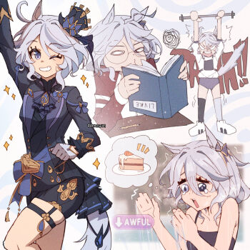 1girl animal_ears arm_up arms_up asymmetrical_legwear blank_eyes blue_eyes book bow buruma cake cake_slice camisole cowlick ear_bow exercising food furina_(genshin_impact) gameplay_mechanics genshin_impact gloom_(expression) grey_hair gym_shirt gym_uniform hair_between_eyes hair_intakes heterochromia highres holding holding_book horse_ears horse_girl horse_tail jacket kemonomimi_mode long_sleeves looking_at_viewer mismatched_legwear multiple_views one_eye_closed open_book parody puckered_lips shirt shirt_tucked_in short_hair short_sleeves shorts speech_bubble squiggle tail tearing_up thighhighs thought_bubble track_jacket trembling umamusume user_interface v-shaped_eyebrows vest weightlifting wokiiarts